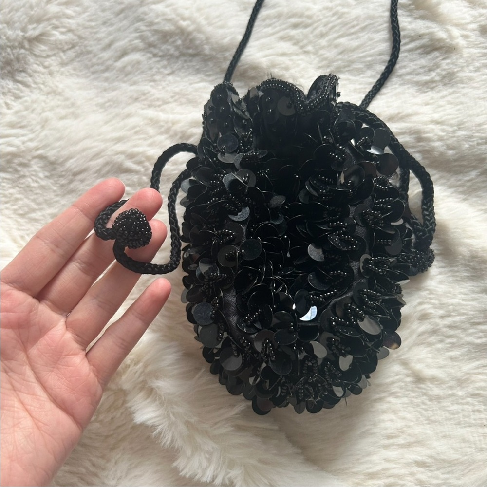 Y2k Black Sequin + Beaded Drawstring Mini Pouch T… - image 3